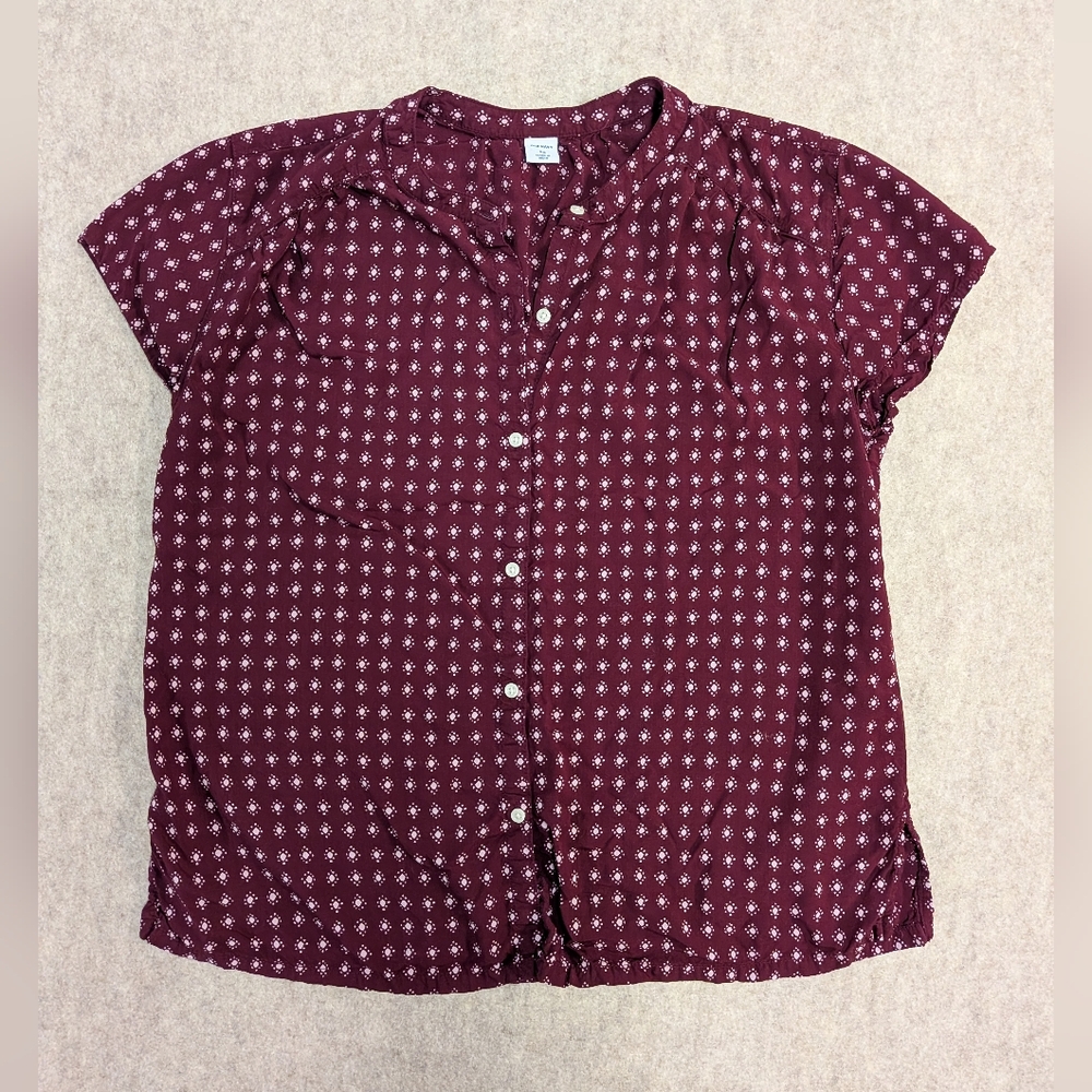 Old Navy Burgundy Button-Up Blouse Western Darts Cap Sleeves Women's Size XS